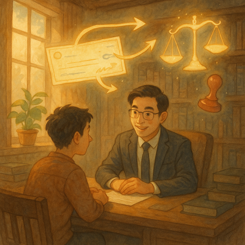 暖陽灑入木質事務所,台灣律師與民眾諮詢;周圍漂浮發光的支票、匯票與印章、背書箭頭與天平化為精靈,自然光影、柔和手繪、奇幻溫馨,無文字。