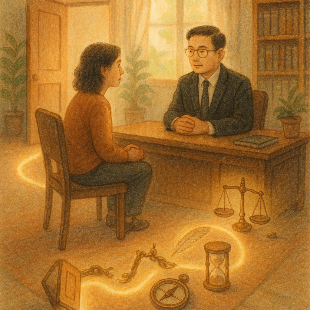 溫暖奇幻手繪場景：台灣律師與當事人在柔光事務所對談。地面一條發光路徑串起小景：打開的門、解開鎖鏈、天平與羽毛、沙漏與指南針，象徵妨害自由的從情境到處理。柔色自然光、細膩筆觸，表情專業，高精細，無文字。