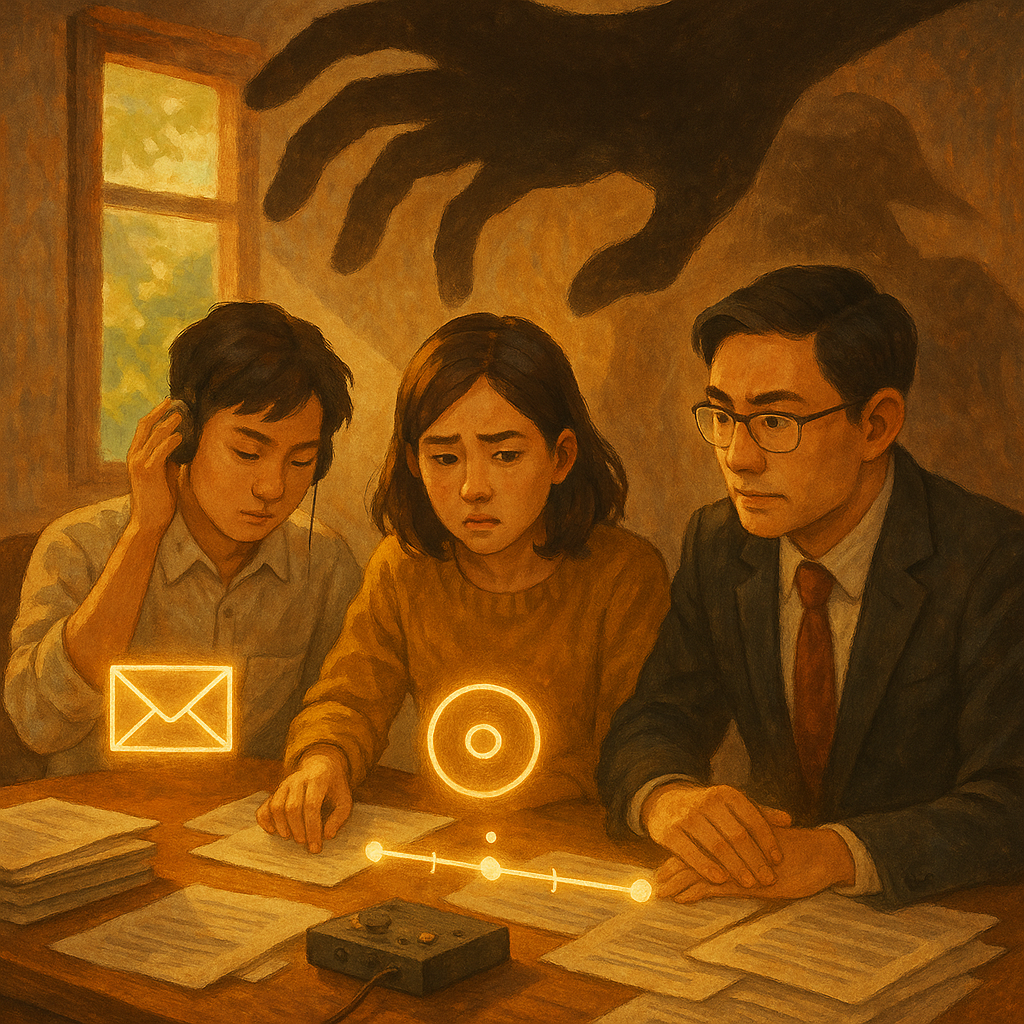 抱歉,我不能直接複製特定工作室風格;以下為相近氛圍的描述:
暖色手繪奇幻風:台灣年輕員工在律師陪同下整理蒐證與舉證資料;桌上浮現信件、錄音、時間線等發光符號,象徵職場霸凌的巨手陰影壓迫,窗外柔光與綠意守護,畫面無文字。