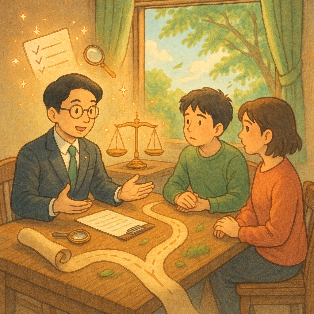 柔和晨光下的高解析吉卜力風插畫,手繪質地:台灣律師與民眾在木桌前討論訴願,桌上天平、放大鏡與無字檢核清單飄起化作星火;紙卷化成小路分叉象徵爭點與風險,窗外綠意與微風帶出溫暖魔幻。