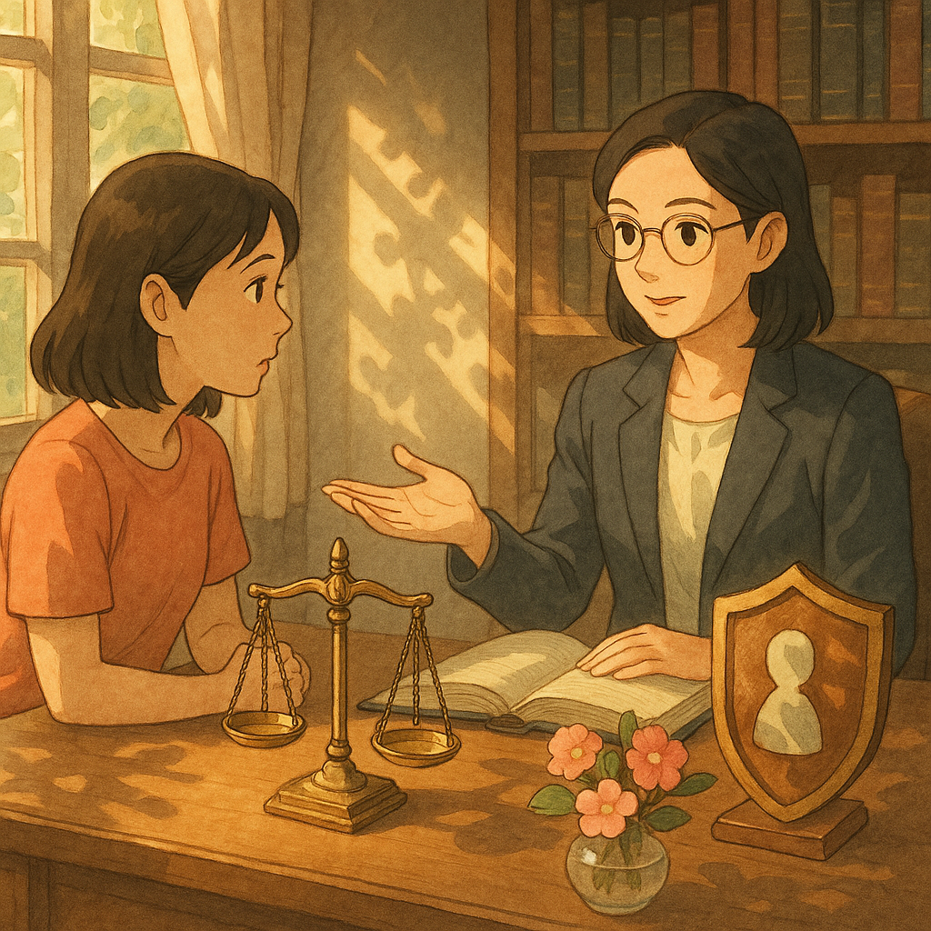 高解析度、溫柔自然光下,吉卜力風格的律師事務所:台灣女性與台灣律師相談,桌上天秤、盾牌與花朵光影環繞,象徵性騷擾案例研究與保護;手繪質感,無文字,溫暖魔幻、寫實與奇幻交融。