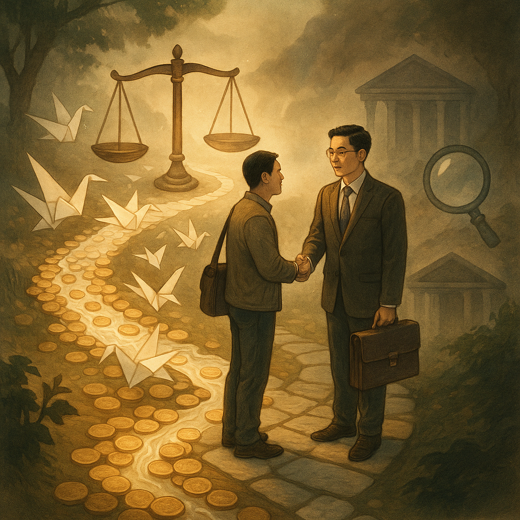 柔和自然光下,台灣律師與客戶站在蜿蜒石徑上,沿途流動的硬幣河化作潔白紙鶴與天秤、放大鏡等圖示、銀行剪影,引導穿越陰影交易迷霧;高解析度手繪質感、溫暖奇幻氛圍,細節豐富且沉浸,無文字。