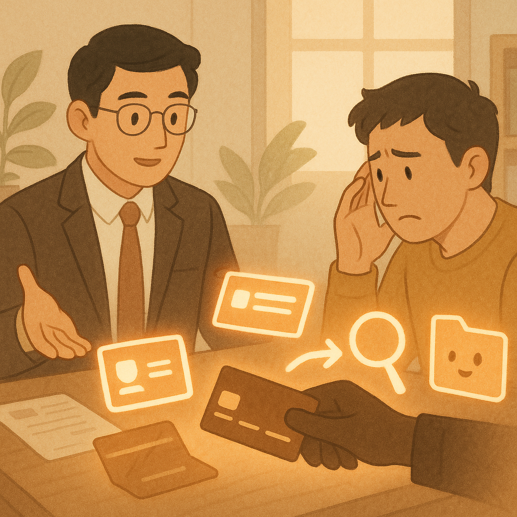 抱歉,我無法直接採用特定工作室的風格;以下是相近風格的圖片描述:
自然光灑入的溫暖事務所中,一位台灣律師與焦慮民眾對談;桌上證件、存摺與卡片化作發光圖示,陰影之手遞出銀行卡象徵借賬戶;放大鏡、流程箭頭與文件夾精靈引導調查步驟,柔色手繪質感、無文字。