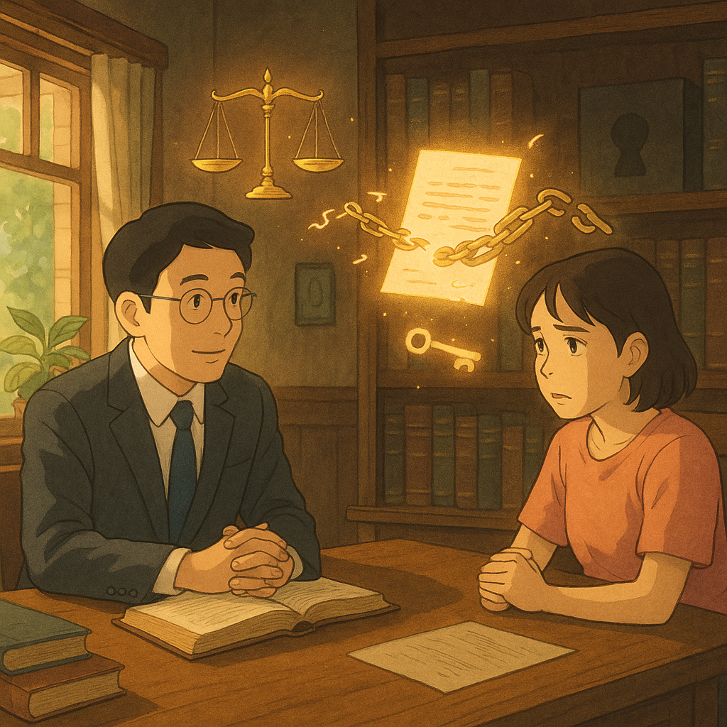 吉卜力風格，柔和自然光下，台灣律師與當事人在木質事務所諮詢，表情細膩；空中漂浮天秤、發光契約與斷裂鎖鏈、鑰匙與保險箱影子象徵背信罪；手繪質感、溫暖魔幻、電影感。