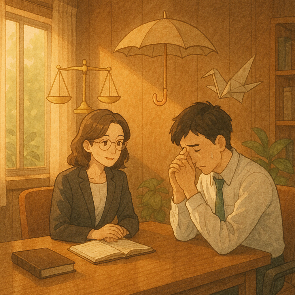 溫柔手繪動畫風，高解析場景：台灣職場中，表情細膩的律師在溫暖光影的會議室向受霸凌的上班族提供諮詢；背景飄浮象徵性的正義天秤、守護傘與紙鶴，細膩木質紋理與綠植，現實與奇幻交織、無文字。