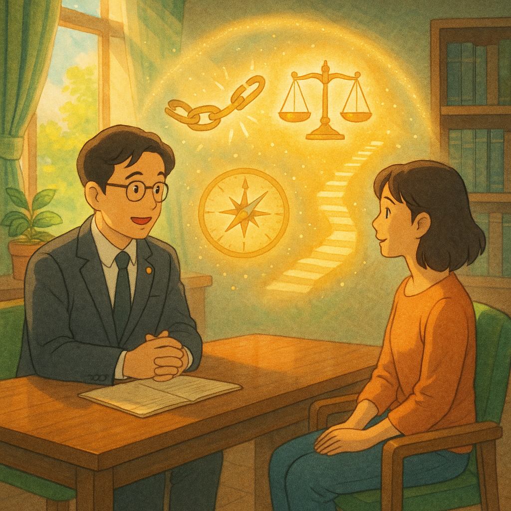 吉卜力風格溫暖場景:台灣律師與當事人在日光灑落的諮詢室對坐,柔和手繪質感。象徵妨害性自主的破碎鎖鏈在光中癒合,天平與指引羅盤、階梯小徑發光,形成保護光罩,暗示結論與行動指南。畫面無文字。