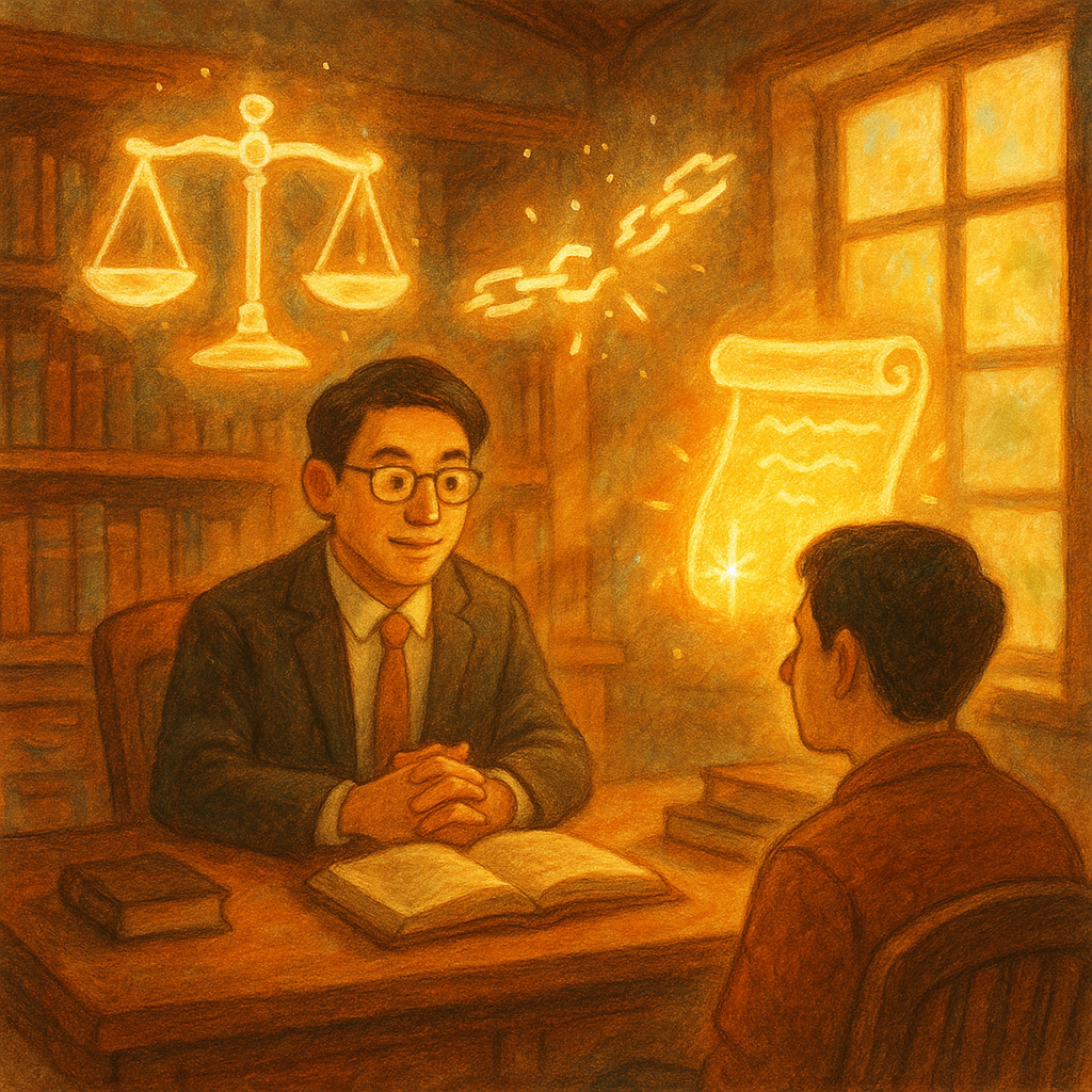 溫暖、魔幻的手繪動畫風，台灣人律師與當事人在木質書房諮詢，自然柔光灑落。半透明天平、裂開鎖鏈與發光契約卷軸在空中環繞，細膩手繪紋理，象徵背信爭點與案例解析，無文字。