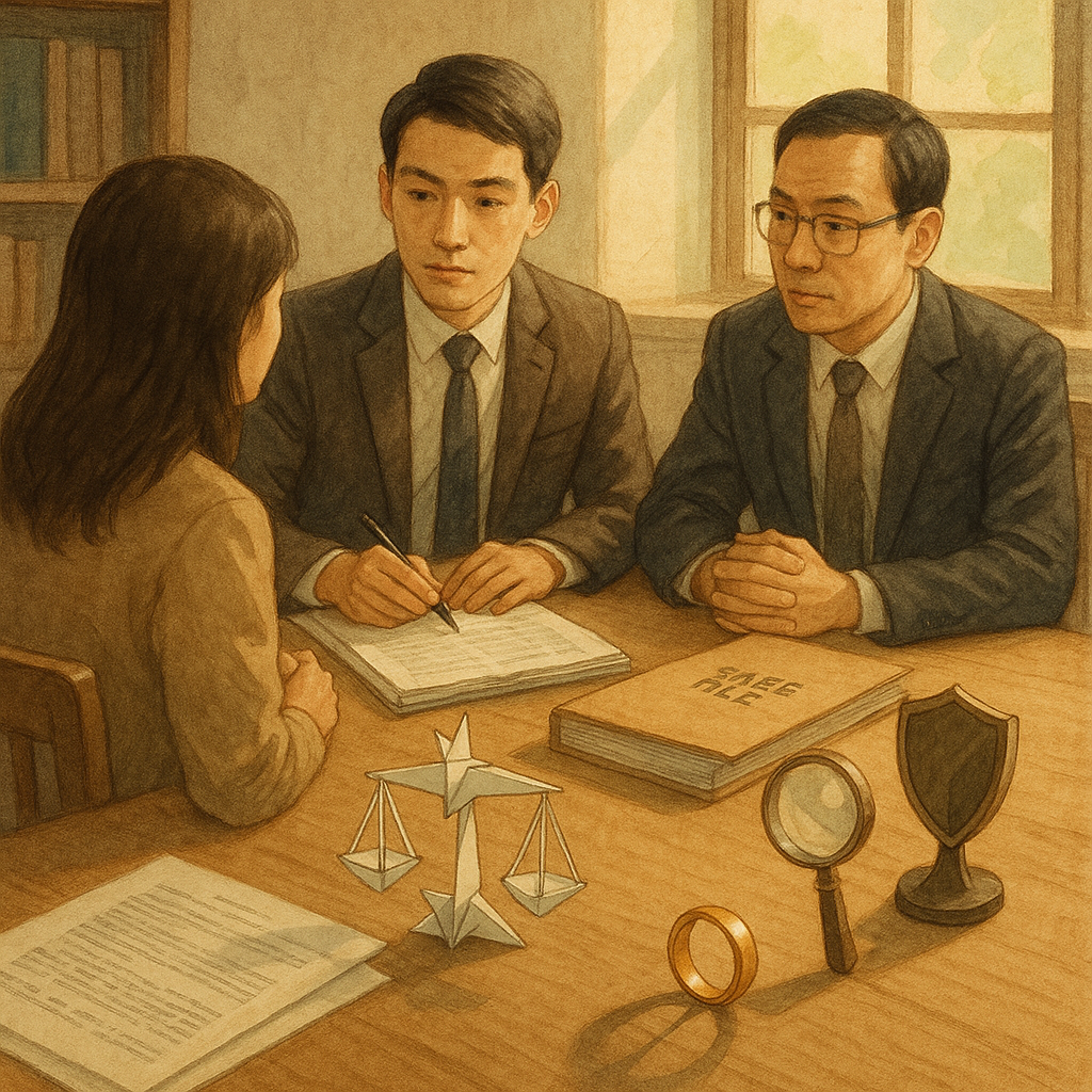 在溫柔自然光與手繪質感中，兩位台灣律師與當事人於木質事務所低聲商談；桌上卷宗與案例檔案翻開，窗邊紙鶴化作天秤、放大鏡與盾牌，象徵風險控管；角落一枚婚戒投下分裂的影子，隱喻婚外情。