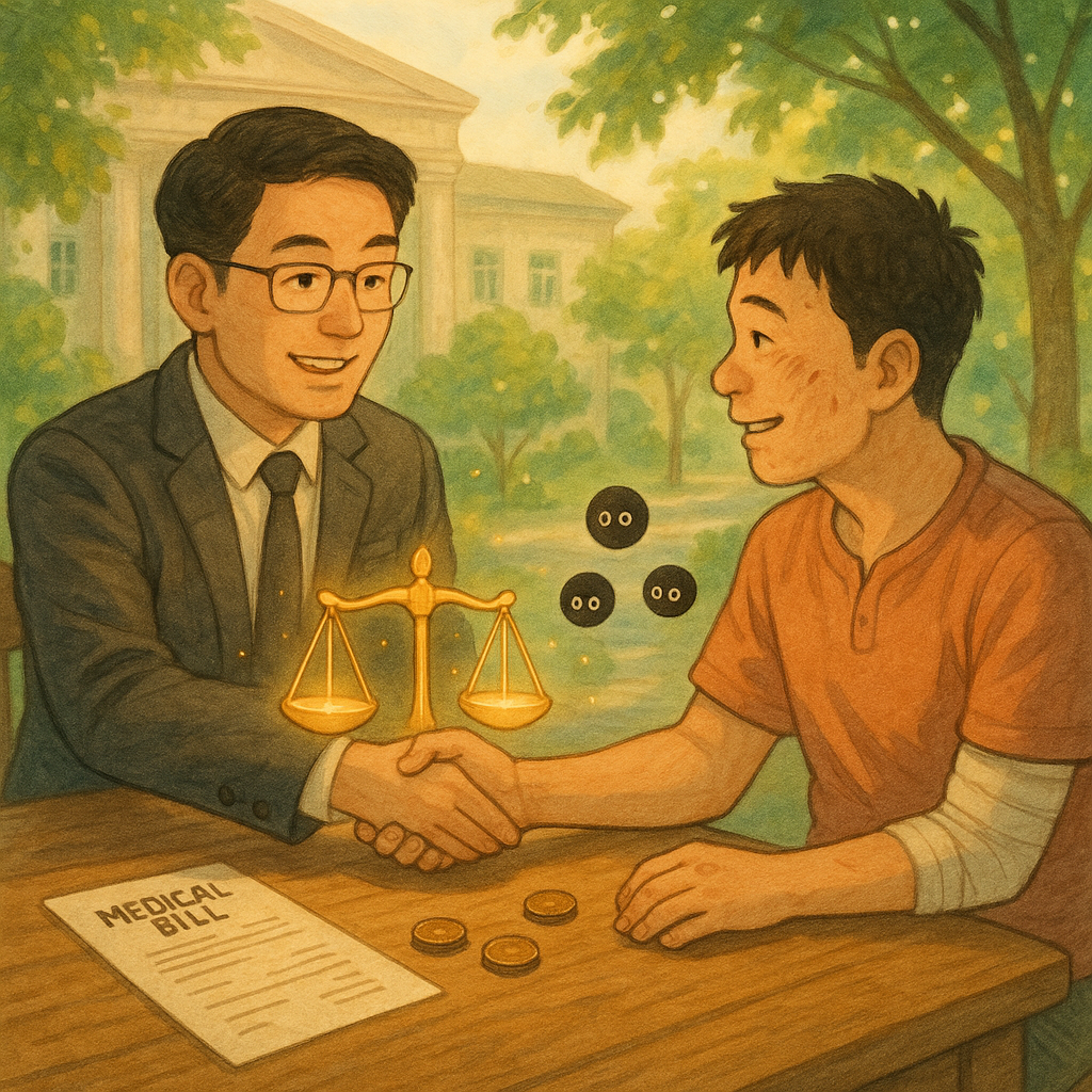 吉卜力式溫暖自然光中,台灣人律師與受傷民眾在木桌前諮詢與握手,桌面上漂浮發光天秤、醫療收據與硬幣小精靈;背景朦朧法院、青綠街景與微風樹影相融,手繪質感細膩,寓示打架致傷求償的和解與保障。