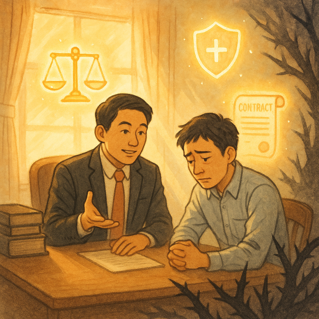 日光灑入的溫暖手繪辦公室裡,台灣人面孔的律師與受困上班族進行諮詢;柔色光暈中,天平、盾牌與合約卷軸化作漂浮光符,驅散角落如荊棘般的陰影,寓示職場精神虐待的療癒與行動建議。