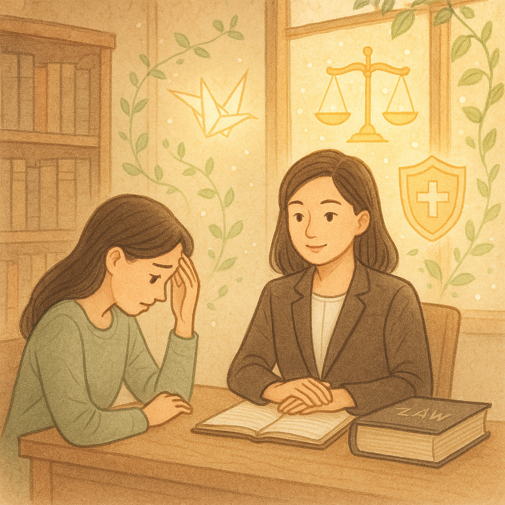 溫暖木質事務所中，台灣人女律師與受害者在自然柔光下諮詢；窗邊飄著發光紙鶴與天秤、盾牌光影守護，青藤與微粒環繞，寓意法律援助與安全，以柔和色調與手繪質感呈現。