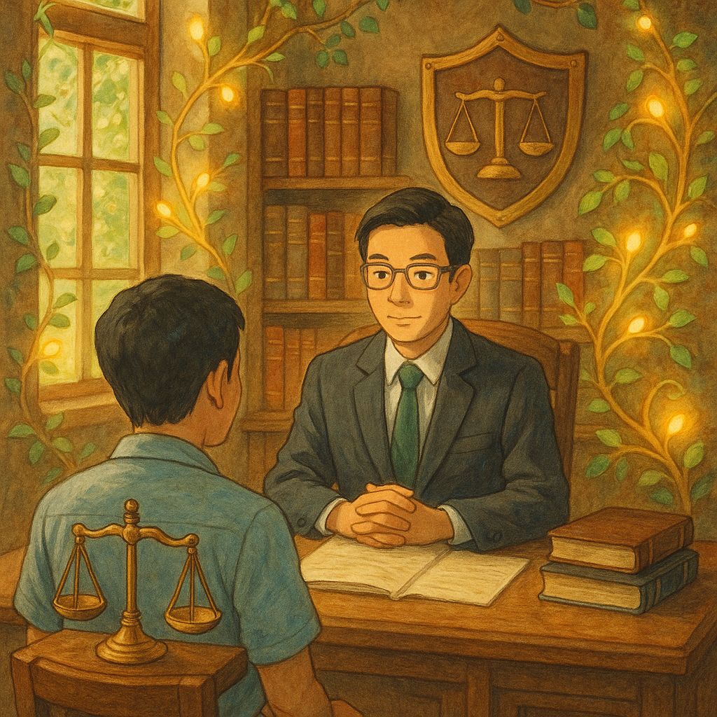 吉卜力風格高解析插畫：柔和自然光下，台灣人律師與當事人於木質律所對談，手繪質感。天平、盾牌與發光藤蔓環繞，象徵保護與司法。暖色調、細節豐富，現實與奇幻平衡，無文字。
