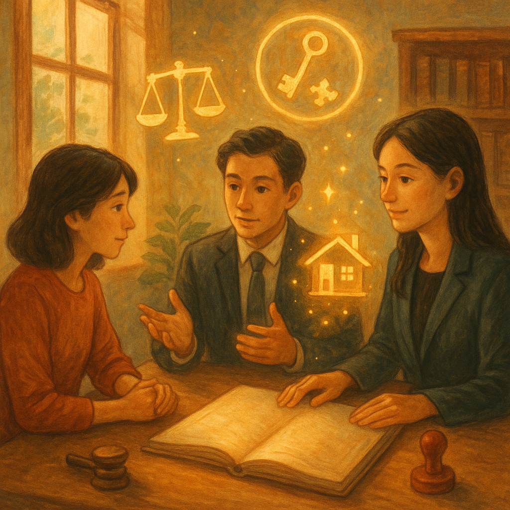 抱歉,我無法直接以特定工作室的風格創作;以下是具有溫暖、奇幻、手繪電影感的替代描述:
溫暖手繪風律所一隅,兩位台灣人律師與當事人對坐相談;自然光灑落,桌上無字卷宗、印章、鑰匙與房屋小模型漂浮發光,天平與拼圖圖示環繞,寓意借名登記與常見疑問的釐清,細膩質感、魔幻而寫實,無文字。