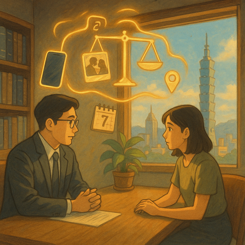 柔和自然光下，台灣律師與當事人在事務所對坐，吉卜力風手繪質感。空中一縷暖金光絲串起手機、相片、日曆、定位與戒指影，象徵婚外情線索，化作天秤與檔案夾，寓意合法蒐證與證據鏈；窗外台北天際線增添奇幻感。