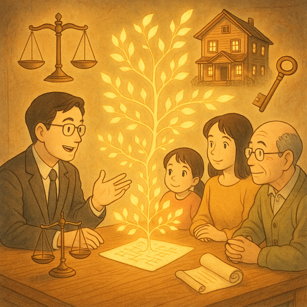 溫柔光影下的法律諮詢場景:台灣律師與家族在木桌旁交流,文件化作發光樹葉飛成家譜樹,天平、鑰匙、遺囑卷軸與老屋漂浮象徵繼承分配,手繪質感、吉卜力式暖色氛圍,畫面無文字。
