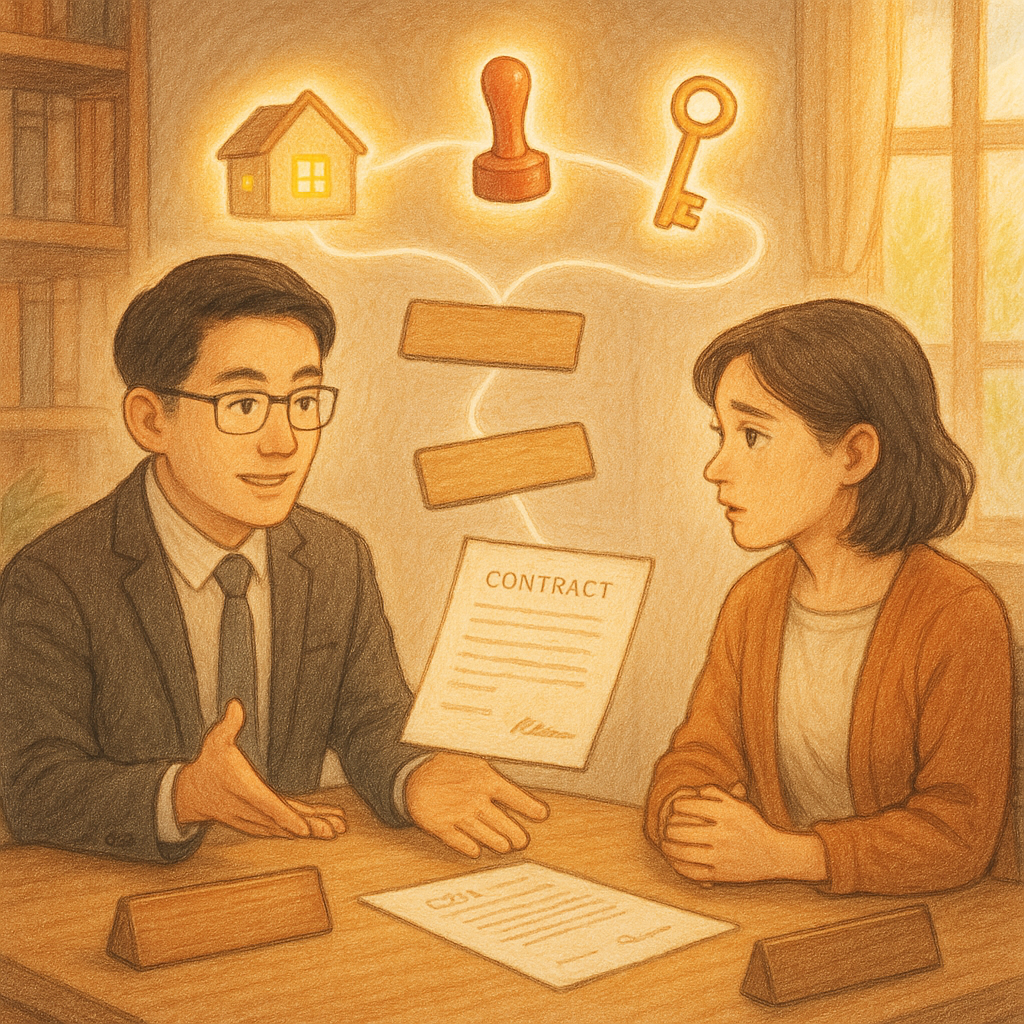 溫暖自然光下,台灣律師與當事人表情細膩地於木質事務所諮詢;手繪質感場景中,發光的房屋、印章與鑰匙在空中旋轉,一條柔光絲線連結兩個無字姓名牌與契約,象徵解答借名登記常見問題;畫面無文字。