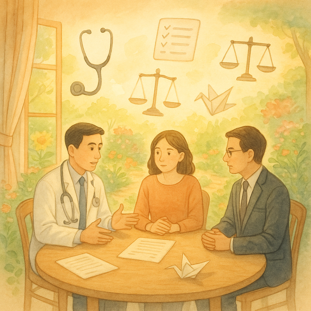 抱歉，我無法直接照搬特定工作室的風格；以下是相近氛圍的圖片描述：

暖陽下的諮商室融入療癒花園，台灣醫師、病患與律師圍桌商討；天光中浮現聽診器與天秤、行動清單與日曆、文件化作紙鶴，引導結論與後續行動；柔和細膩手繪質感，無文字。