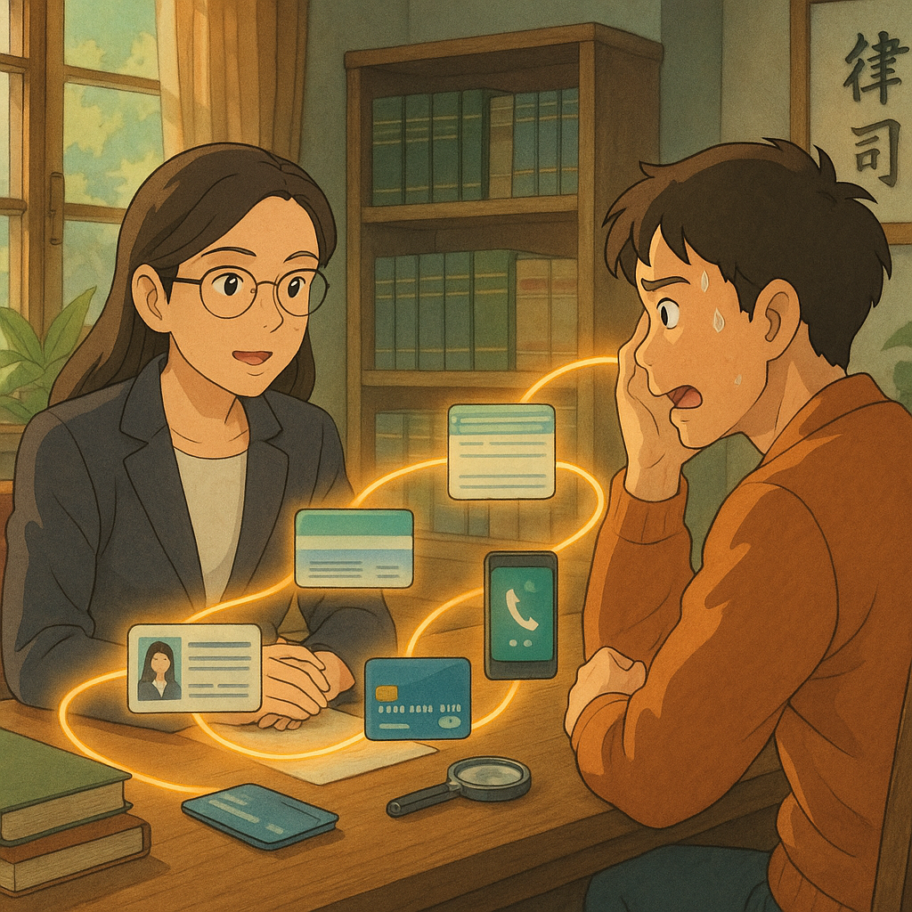 吉卜力風格、高解析手繪圖:台灣律師在溫暖律所與當事人表情豐富諮詢。柔和自然光下,流動光帶串聯證件、存摺、銀行卡、手機通聯與放大鏡等圖示,象徵詐騙車手實務流程與準備文件;畫面無文字。