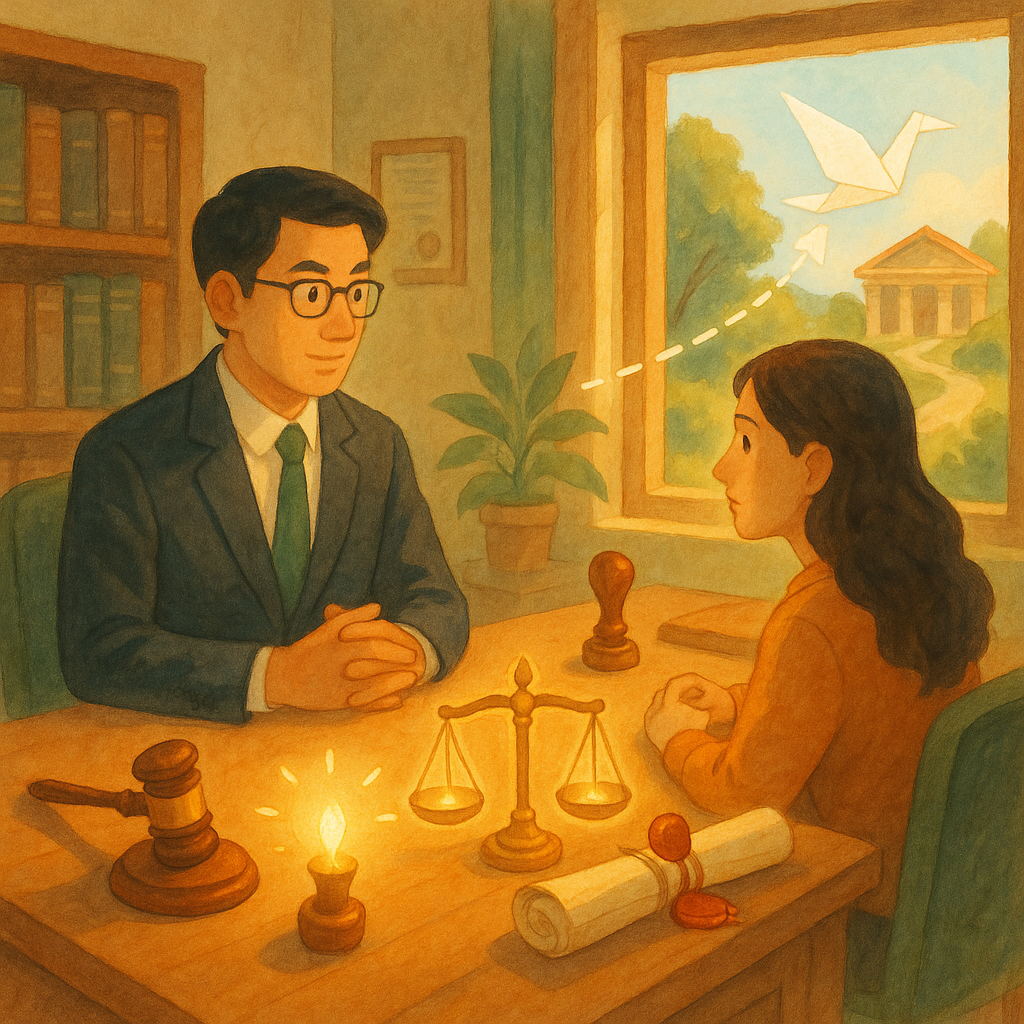 抱歉，我無法直接套用特定工作室的風格；以下提供相近的溫暖、奇幻手繪動畫感描述：
溫暖自然光下的律師事務所，以柔和色彩與手繪質感；台灣律師與當事人對談；桌上法槌、天秤、印章與卷宗發光，紙鶴化作流程箭頭指向遠處法院小徑，寓意執行事件訴訟的結論與行動，畫面無文字。