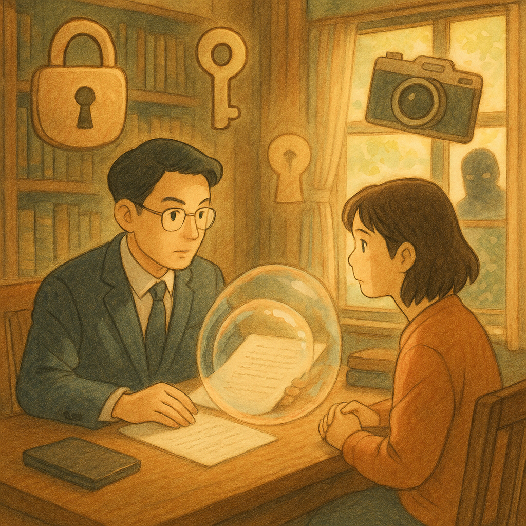 柔和自然光下，台灣律師與當事人在木質書房諮詢，神情專注，周遭飄浮鎖頭、鑰匙孔、相機與手機等象徵，半透明氣泡包覆文件，暗影人物於窗外窺視；手繪質感、溫暖奇幻的吉卜力風，高解析、畫面無文字。