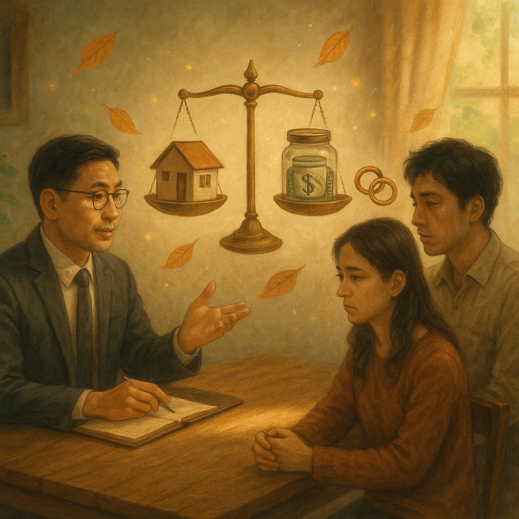 柔和自然光下，台灣律師與一對疏離夫妻在木桌前諮詢；手繪天秤承載房子與存款罐、分離的戒指，微光與漂浮樹葉營造溫暖奇幻感，細膩質感、電影式構圖，具沉浸感。