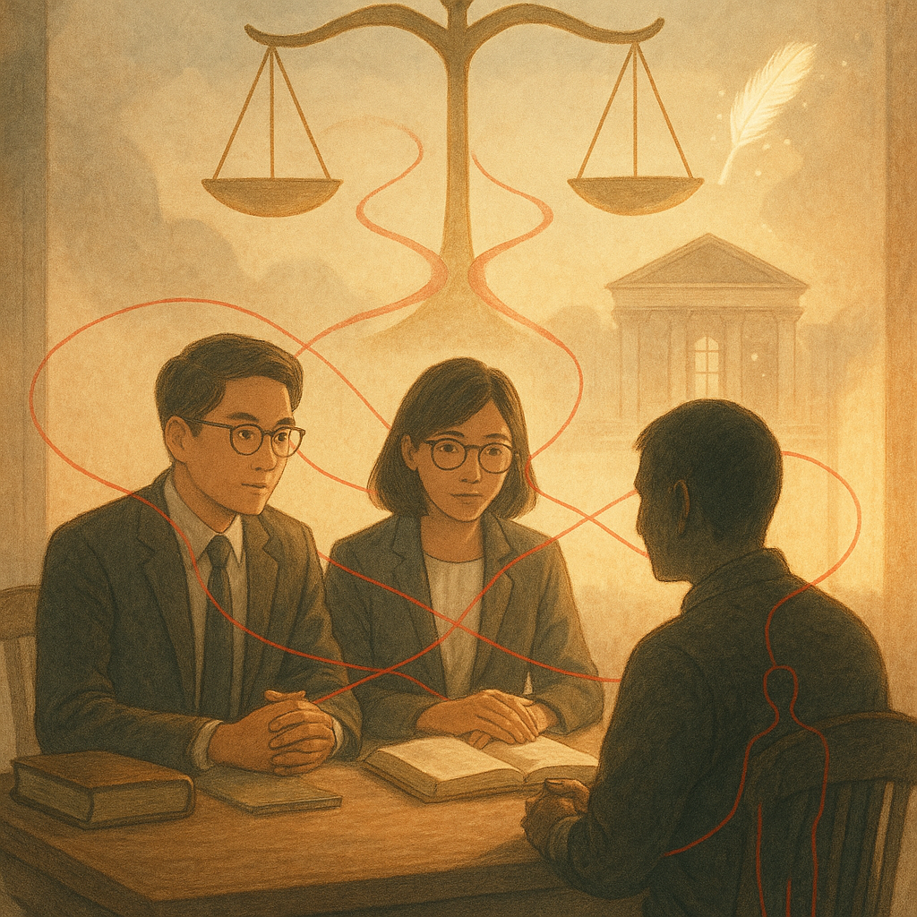 溫暖自然光下的奇幻法律諮詢室,兩位台灣律師與當事人圍桌討論;頭頂天平化作分岔小路,數條相連的紅線連結三個角色的剪影,遠處法庭倒影與羽毛光粒暗示量刑走向,手繪質感、柔色、電影感構圖,無字。