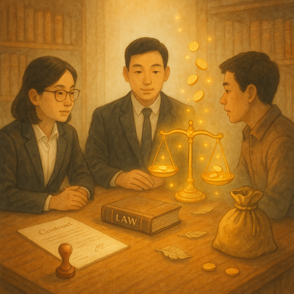 抱歉,我無法直接以特定工作室的風格創作,但可提供相近氣質的描述:
暖光下的木質事務所裡,兩位台灣律師與當事人圍桌諮詢;天光如霧,金幣化作光點自錢袋回流至發光天秤,桌上契約與印章、法典葉片微動,手繪質感溫柔奇幻,無文字。