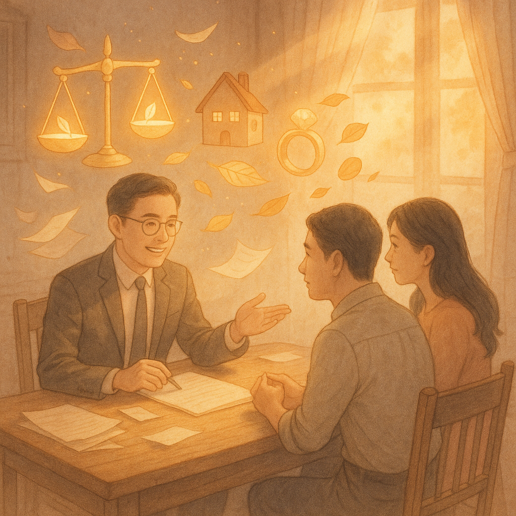 溫柔色調的手繪奇幻場景：台灣律師與一對台灣夫妻在木桌前諮詢，夕光灑入。桌上漂浮發光的象徵物—天平、房屋、戒指與硬幣化作樹葉分配落下；紙頁靈動旋繞，質感細膩、電影感溫暖。