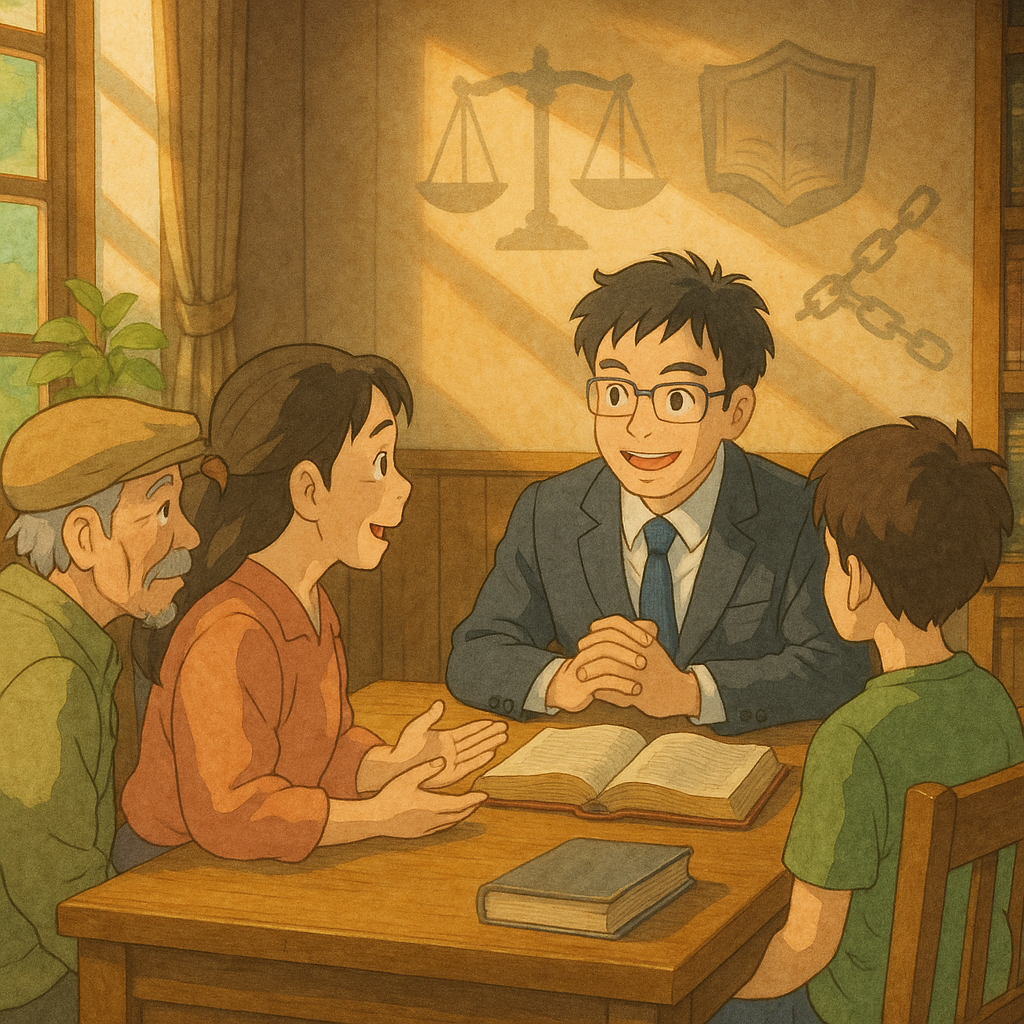 吉卜力風高解析度插畫:溫暖自然光與柔和色調下,表情豐富的台灣律師與民眾在木質事務所對談,天光化作柔和光帶,凝成天平、法典、盾牌與鎖鏈陰影,象徵強制罪疑慮與守護;手繪質感、無字、奇幻而真實。