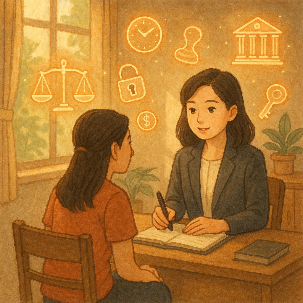 溫暖的手繪動畫電影感事務所中,一位台灣女律師與台灣當事人對坐諮詢;自然光灑落,柔和色彩與細膩筆觸。周圍漂浮天平、法槌、法院、印章、時鐘、鎖鑰與硬幣等發光圖像,象徵執行事件訴訟與常見問題解答,無文字。