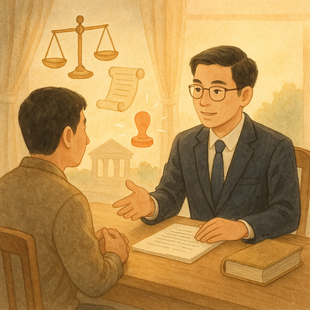 抱歉,我不能直接使用特定工作室的風格。以下是相近風格的圖片描述:
柔和自然光下,台灣律師與民眾在木桌諮詢,手繪質感溫暖;天平、卷宗與發光印章化作漂浮符號,遠方法院剪影與晨光象徵訴願結論的方向,畫面無文字。