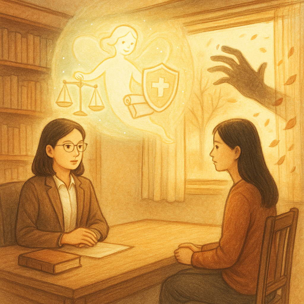 溫潤晨光下,台灣人女律師與台灣女性當事人在木質事務所對坐,表情專業與安定;窗邊飄浮發光精靈托著天平、盾牌與卷宗圖像,化作保護光幕,遠處模糊性騷擾陰影手勢漸散為落葉;柔和色彩與手繪質感,無文字。