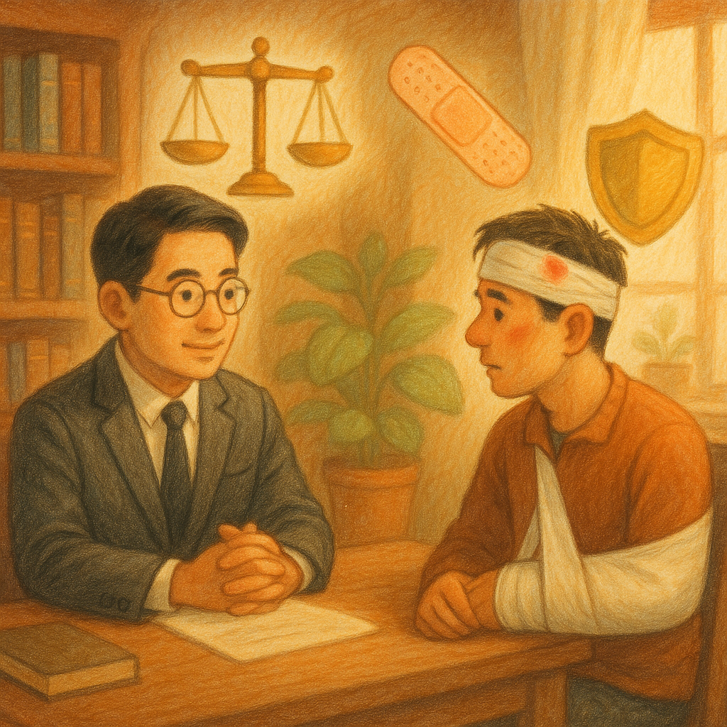 溫暖手繪質感的奇幻場景：木質事務所中，一位專業台灣律師與受傷台灣民眾對談，柔光灑落。周圍漂浮象徵性的天秤、創可貼、盾牌與放大鏡，暗示過失傷害與諮詢流程，細節豐富、無文字。