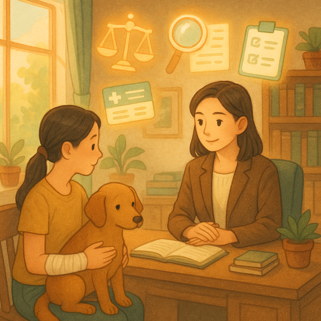 抱歉,我無法直接以特定工作室的風格呈現;以下是受其溫暖手繪奇幻特質啟發的描述:
溫暖自然光與柔和配色下的手繪辦公室,一位台灣律師溫柔為抱著繃帶手的台灣飼主諮詢;乖巧狗狗低垂耳朵。空中漂浮天秤、放大鏡與文件、勾選清單、保險卡與醫療單的幻光圖示,電影構圖,細膩童趣奇幻,畫面無文字。