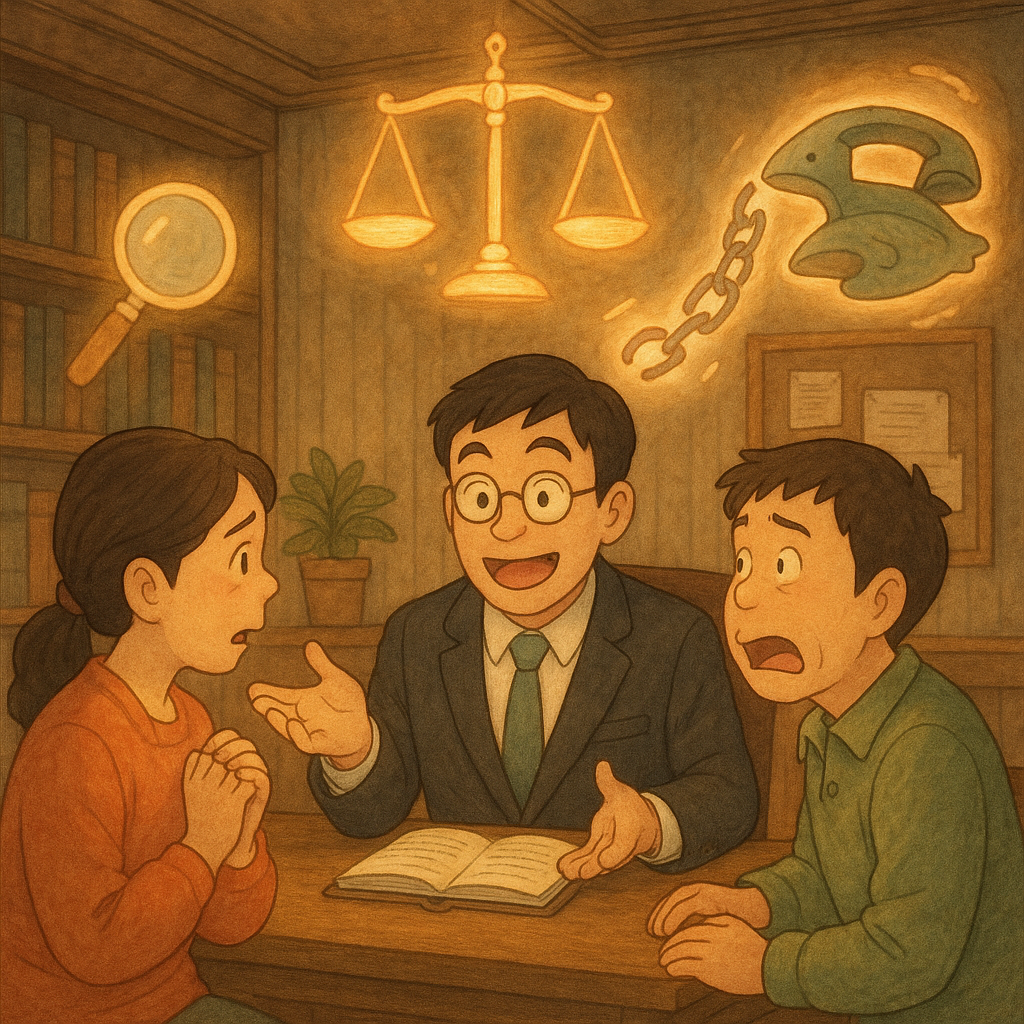 吉卜力風格暖光下、柔和色調的高解析插畫；表情豐富的台灣律師與民眾在木質事務所諮詢詐欺罪，天花板飄著發光天秤、放大鏡、斷裂鎖鏈與變形電話魚，手繪細膩、氛圍魔幻溫馨，畫面無文字。