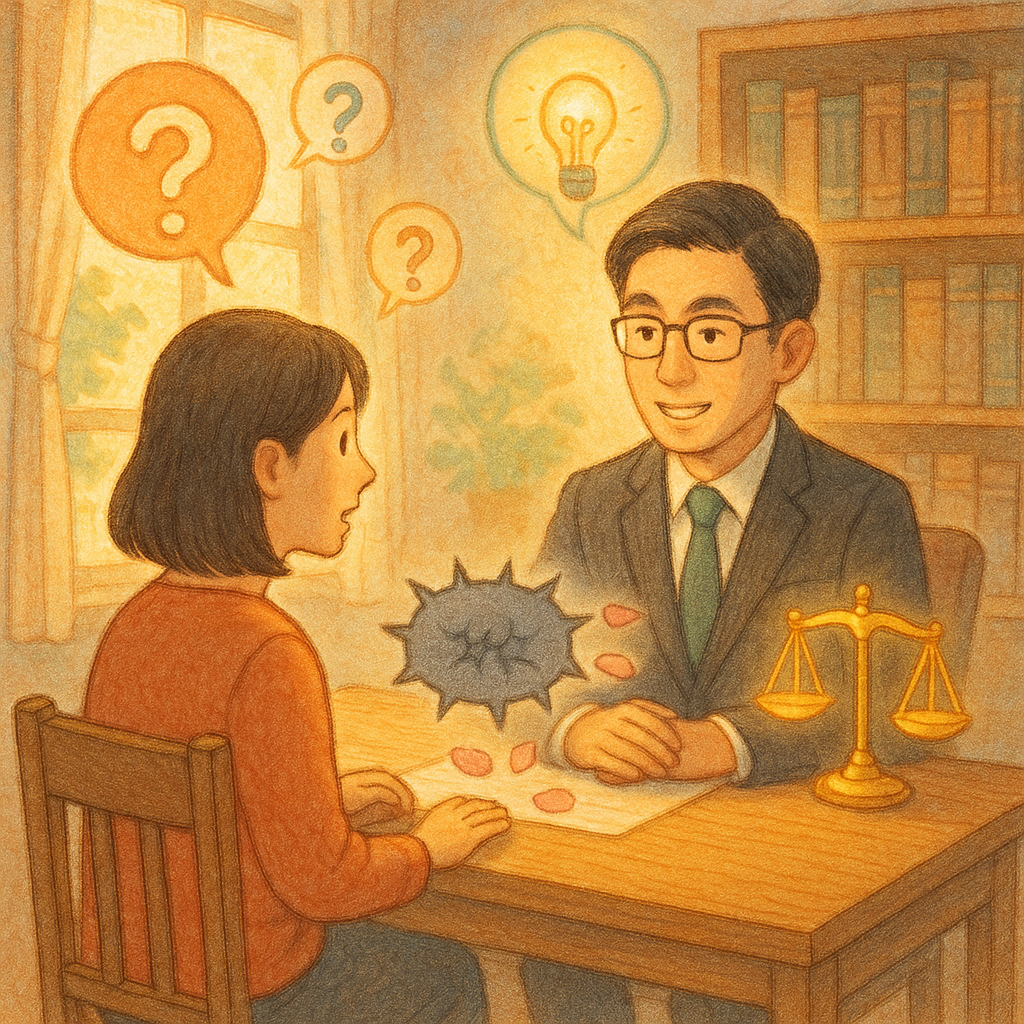 溫暖奇幻、高解析的日式手繪辦公室裡,台灣律師與民眾對坐諮詢;周圍漂浮象徵提問與解答的小圖示,窗外柔光灑入,金色天秤微亮。帶刺的灰色話語雲在桌上漂浮,化作花瓣散去,象徵化解公然侮辱。柔色手繪、無文字。