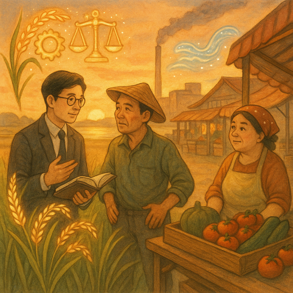 溫暖夕色下，台灣律師在稻田與市集交界諮詢農夫與店家，天光柔和；遠景工廠煙囪與漁港相映；稻穗、齒輪、天秤與波光化作精靈環繞，暗指妨害農工商之爭議；手繪質感、無字、宮崎駿般奇幻寫實。