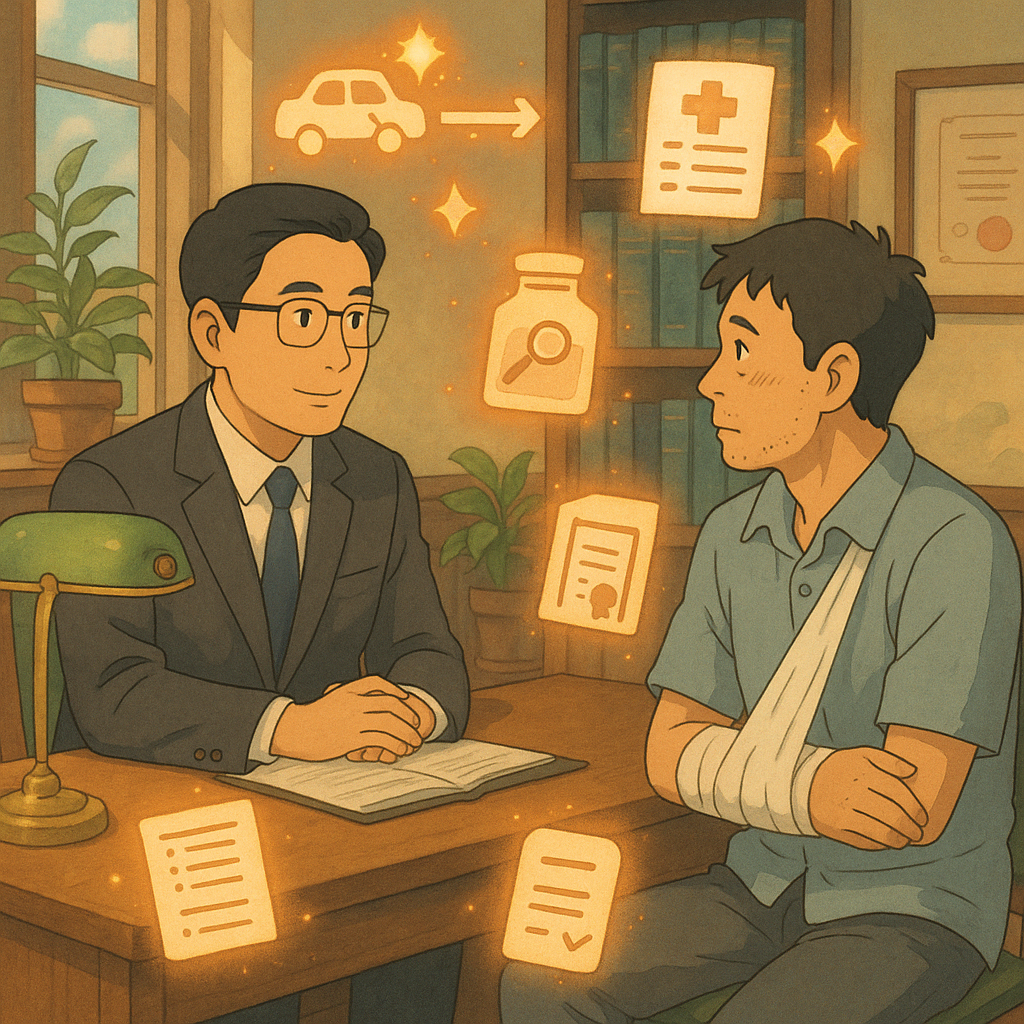 吉卜力式溫暖場景：台灣律師與受傷民眾手臂纏繃帶在事務所諮詢。周遭漂浮手繪符號—事故示意、時間線、醫療報告、證據袋、核章與清單—如精靈環繞，象徵實務流程與準備文件。人物表情專業而關懷，無任何文字。