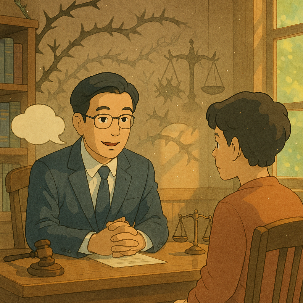 吉卜力風高解析插畫:溫暖自然光與柔和色彩中,表情細膩的台灣律師與民眾在木質事務所對談;空中漂浮無字對話雲、荊棘陰影與小錘子、天秤象徵公然侮辱,微光粒子增添奇幻故事感,手繪質感,無文字。