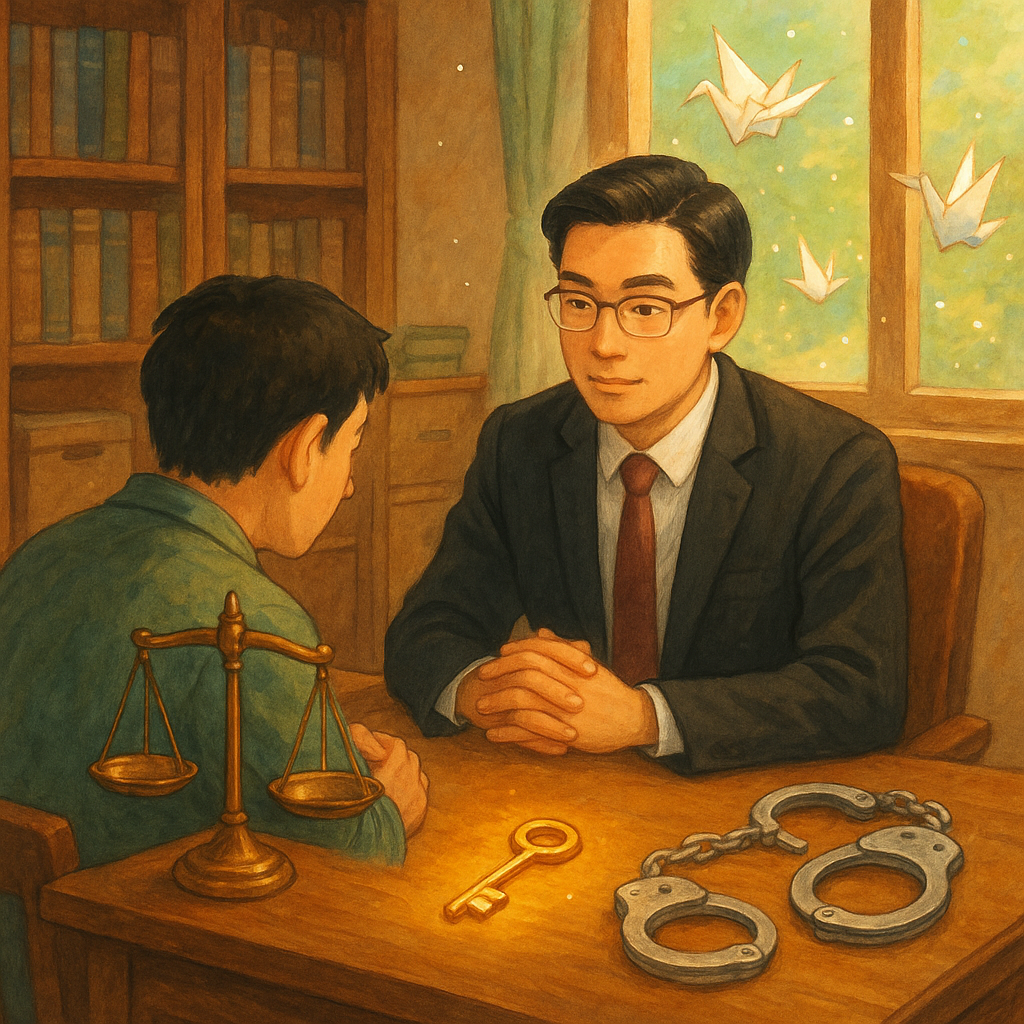 暖色木質事務所裡，台灣律師與民眾低聲諮詢，桌上天秤、發光的鑰匙與解開的手銬象徵妨害自由議題；窗外紙鶴與光粒飄浮，柔和自然光與手繪質感營造吉卜力風的魔幻寫實場景，畫面無文字。