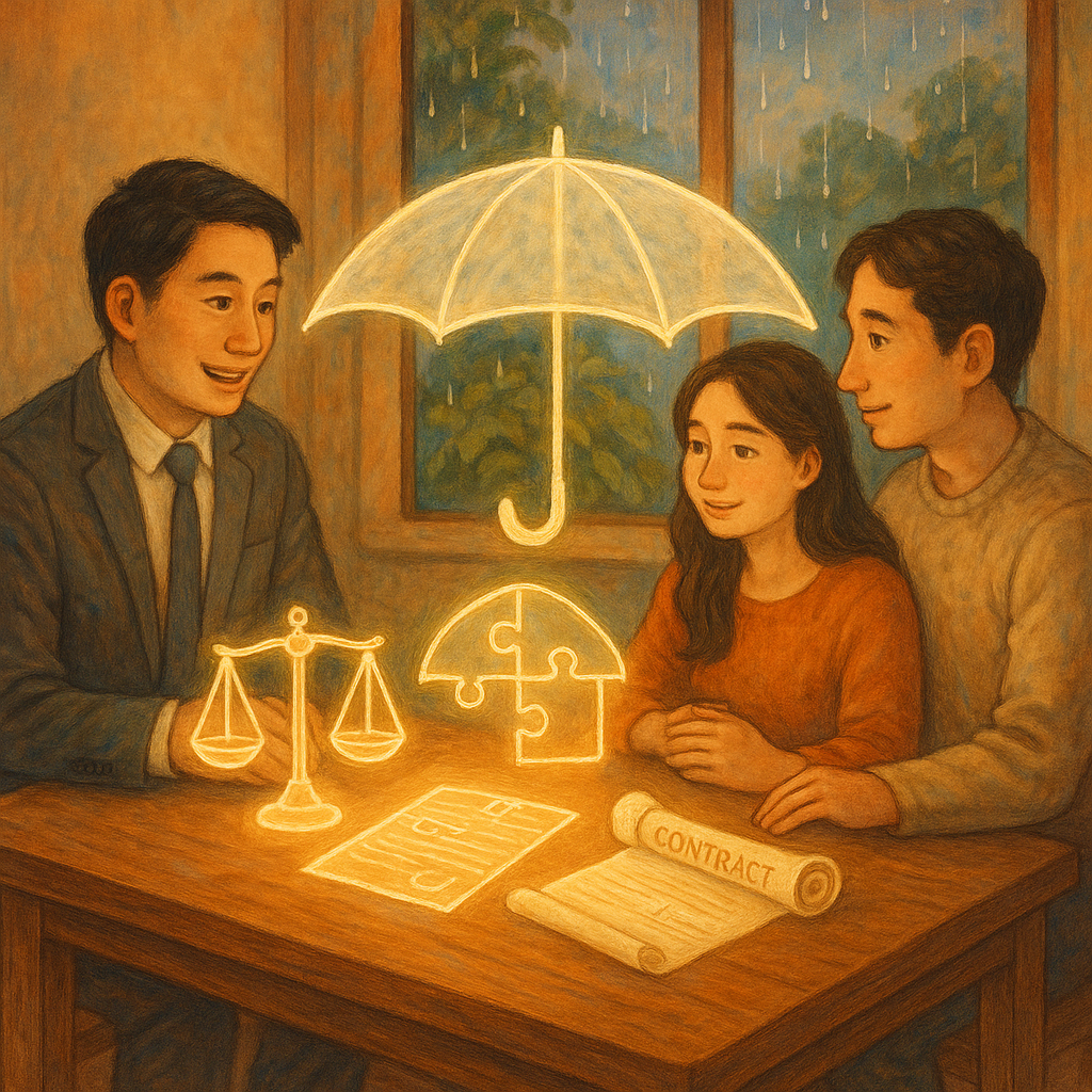 抱歉,我無法直接套用特定工作室的風格,但可提供相近的溫暖、奇幻、手繪美學。
傍晚暖光下,台灣律師與一對夫妻在木桌前溝通;桌上浮現天秤、拼圖與合約卷軸的發光圖像,一把透明雨傘庇護其上,窗外微雨與綠意交織,柔和色彩與手繪質感營造溫柔奇幻。