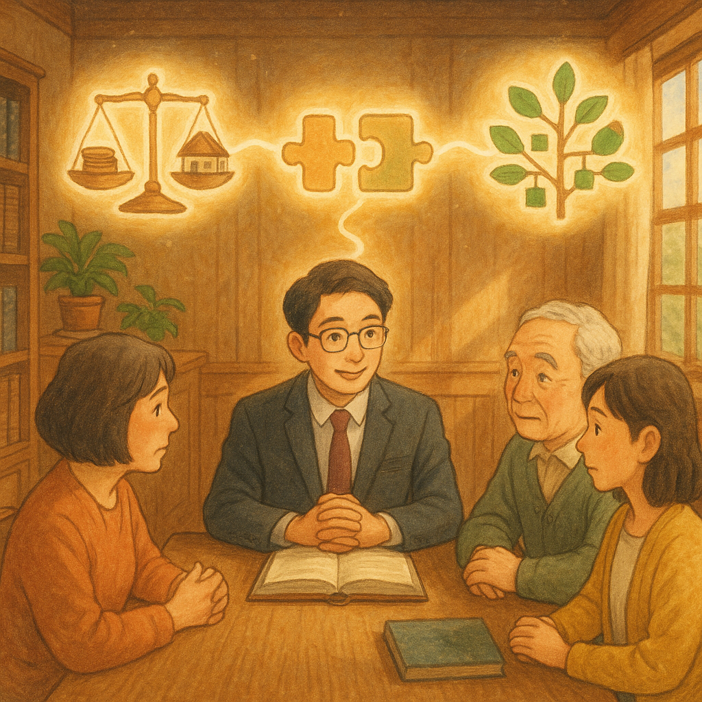 溫暖木質事務所中,台灣人律師與家屬圍坐商談特留分;自然柔光,吉卜力風手繪質感。空中漂浮發光圖像:天秤衡量家屋與硬幣、拼圖拼合、樹狀家譜葉片分配,化解爭點的光線串起流程,現實與奇幻交融,畫面無文字。