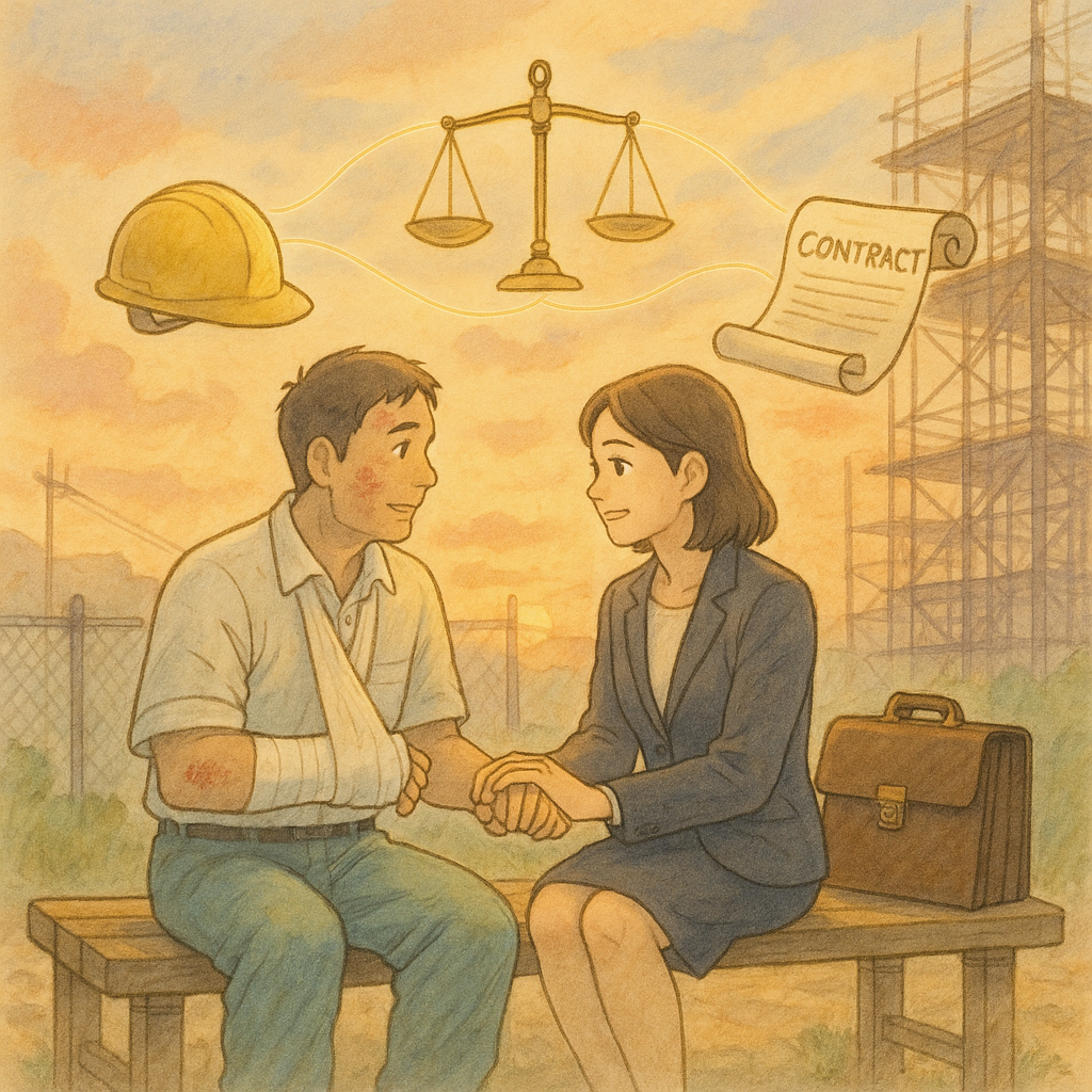 吉卜力風手繪場景：淡彩夕光工地旁，台灣受傷工人與律師溫暖諮商；空中漂浮安全帽、天秤與合約卷軸，由金色線連結各方責任，柔和自然光與細膩筆觸營造寓意的交叉求償、遠處朦朧腳手架暗示過失傷害。