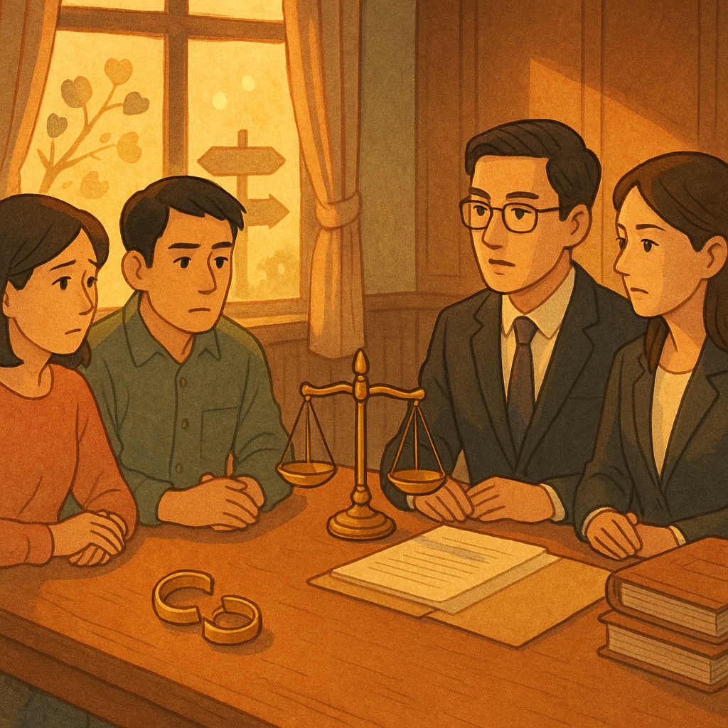 抱歉，我無法直接模仿特定工作室的風格；以下提供相近的手繪動畫感描述。

高解析度、溫暖手繪動畫場景：兩位台灣人律師與一對台灣夫妻在木質事務所對談，人物表情專業，窗外金色微光。桌上天平、破裂婚戒與卷宗、指引路標與心形葉浮光，象徵婚外情諮詢與實務建議。無文字。