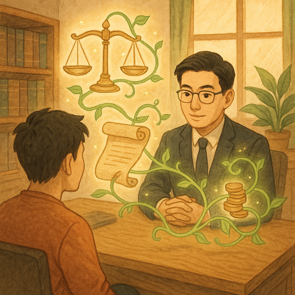 抱歉，我無法直接套用特定工作室的風格；以下提供相近氛圍的描述：
柔和自然光下的木質事務所裡，一位台灣律師與民眾對座，桌上漂浮天秤、契約卷與返還的金幣光流，化作發光藤蔓纏繞回原主，象徵不當得利返還與規範趨勢；手繪質感、溫暖奇幻、畫面無文字。