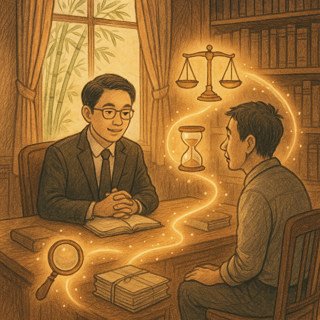 暖色自然光下，台灣律師與當事人於木質書房對談，窗外微風拂竹。浮空天平、沙漏、放大鏡與卷宗環繞，形成發光指引小徑，象徵再審流程與常見疑問；手繪質感、細節溫馨奇幻，無文字。