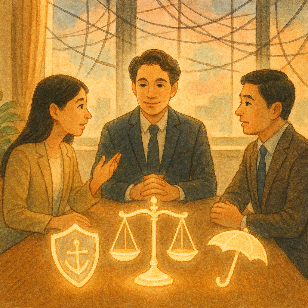 溫暖自然光下的辦公室裡，兩位台灣職場人士與律師圍桌相談；窗外若隱若現的操縱絲線化作陰影迷宮，桌面漂浮發光的天秤、盾牌與雨傘象徵風險對策，手繪質感、柔和色彩與奇幻細節營造童話般電影氛圍，畫面無文字。