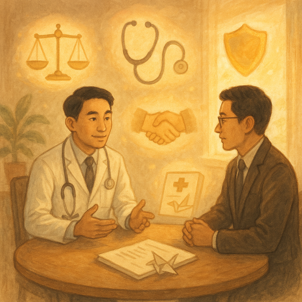 暖陽灑落的諮詢室裡，一位台灣醫師與律師在圓桌前沉穩對話；周圍漂浮柔光的象徵物——天平、聽診器、盾牌、握手與紙鶴病歷——隱喻爭點梳理、風險控管與和解策略，色調柔和、筆觸手繪、氛圍溫暖奇幻，畫面無文字。