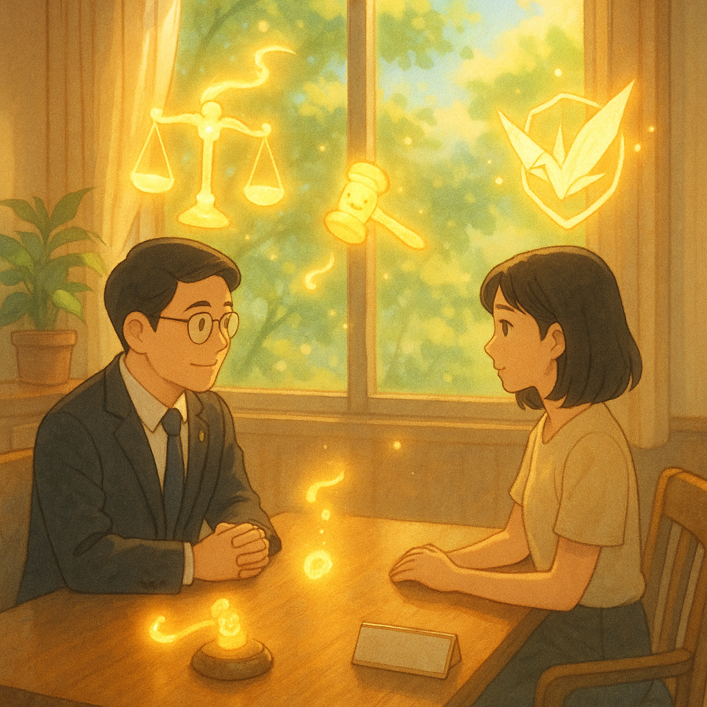吉卜力風高解析柔光場景:台灣律師與當事人在溫暖會議室對坐,桌上天秤、法槌化作發光精靈環繞;窗外綠意與微風流動,紙鶴護盾象徵刑民並行與求償,一枚辦公胸牌在光中復合,隱喻職場受害獲保護,畫面無文字。