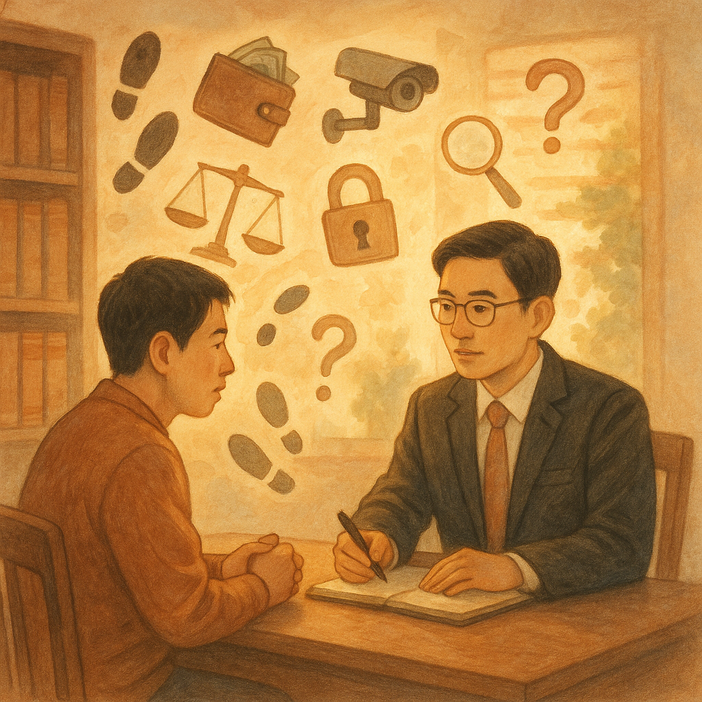 溫暖黃昏的律所內，台灣人律師與民眾對坐諮詢、神情專注；柔和細膩手繪質感、柔色調與自然光影中，周遭漂浮象徵竊盜的腳印、錢包、鎖與監視器，以及天秤、放大鏡與問號圖示，魔幻卻真實；畫面無文字。